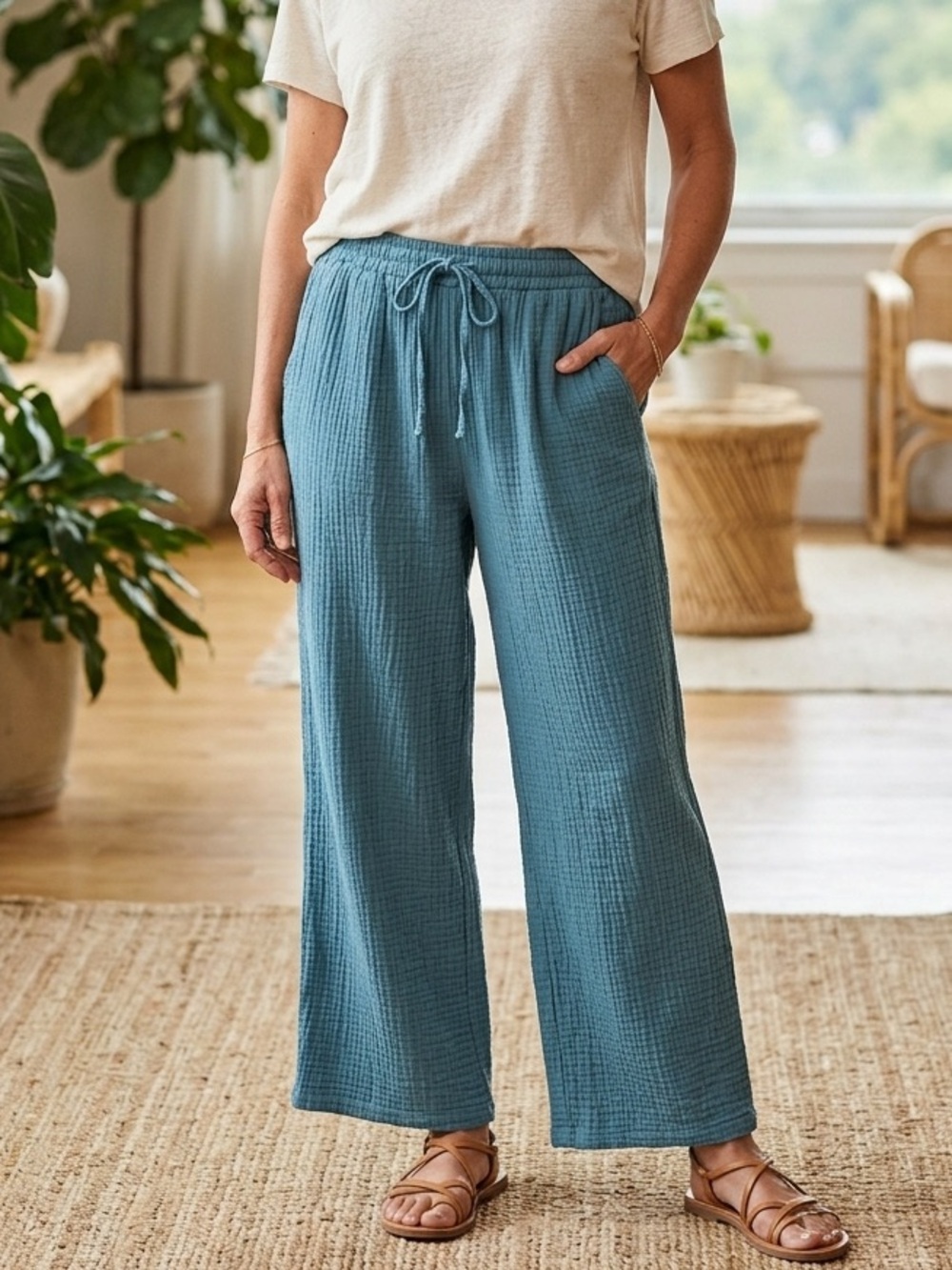 Jessica Simpson teal 100% cotton pull on gauzy lightweight cropped pants large
